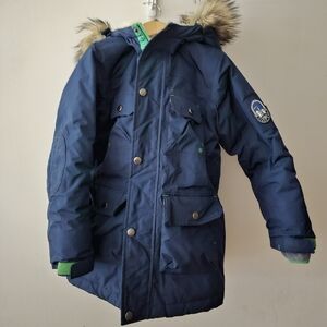Land's End Squall Navy Blue Parka with Fur Hood Size Kids L like New